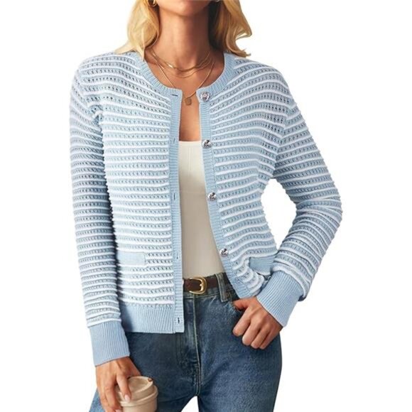 FAIRY SEASON Women's Striped Cardigan Sweaters Open Front Long Sleeve Button - Picture 7 of 7